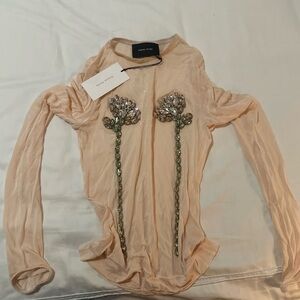 Simone Rocha Cream Sheer Bodysuit with Embellished Floral Design